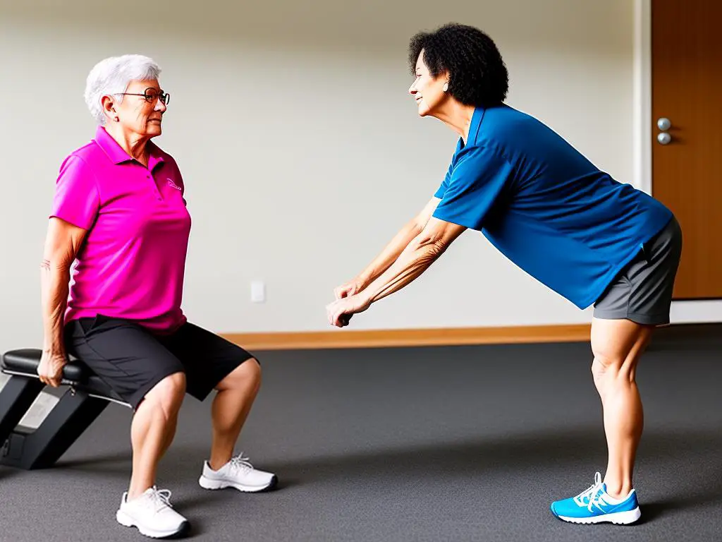 An image showing an elderly person with knee hyperextension performing balance exercises