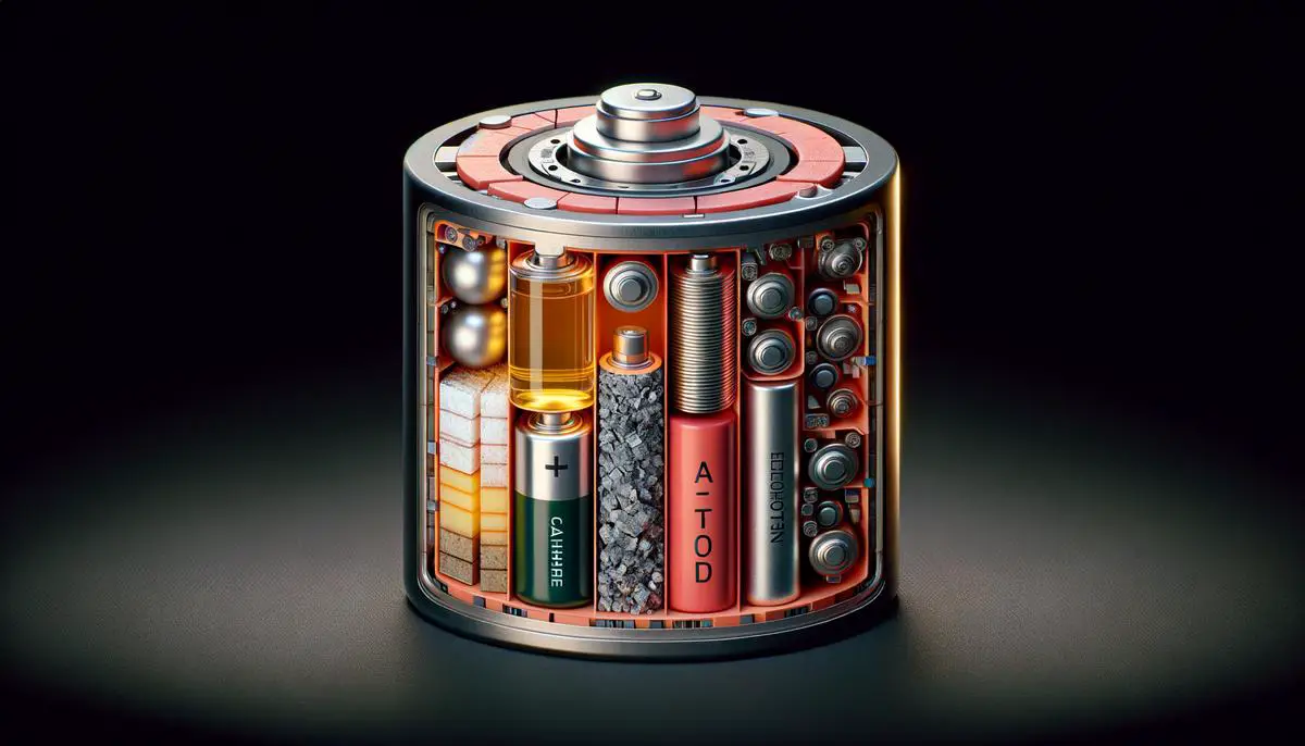 A realistic image showing the components of a sodium-ion battery, including the cathode, anode, and electrolyte materials.