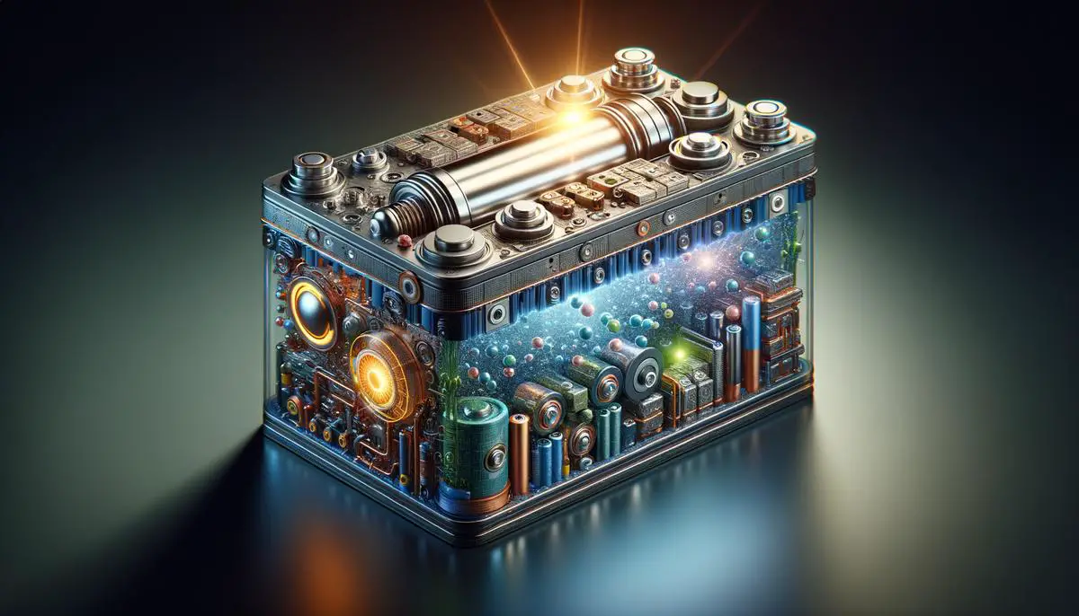 A realistic image showing a sodium-ion battery with components and materials, symbolizing the benefits of sodium-ion batteries over lithium-ion batteries
