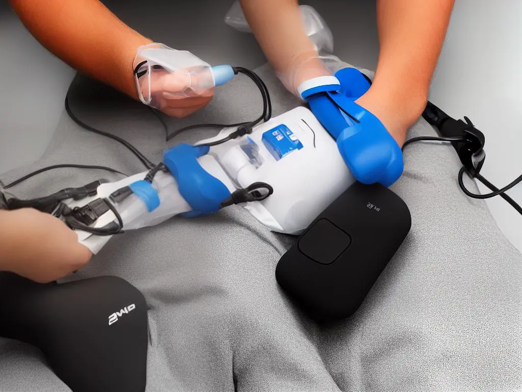 A person wearing electrodes on their knees for TENS and EMS therapy, with a device in their hand.