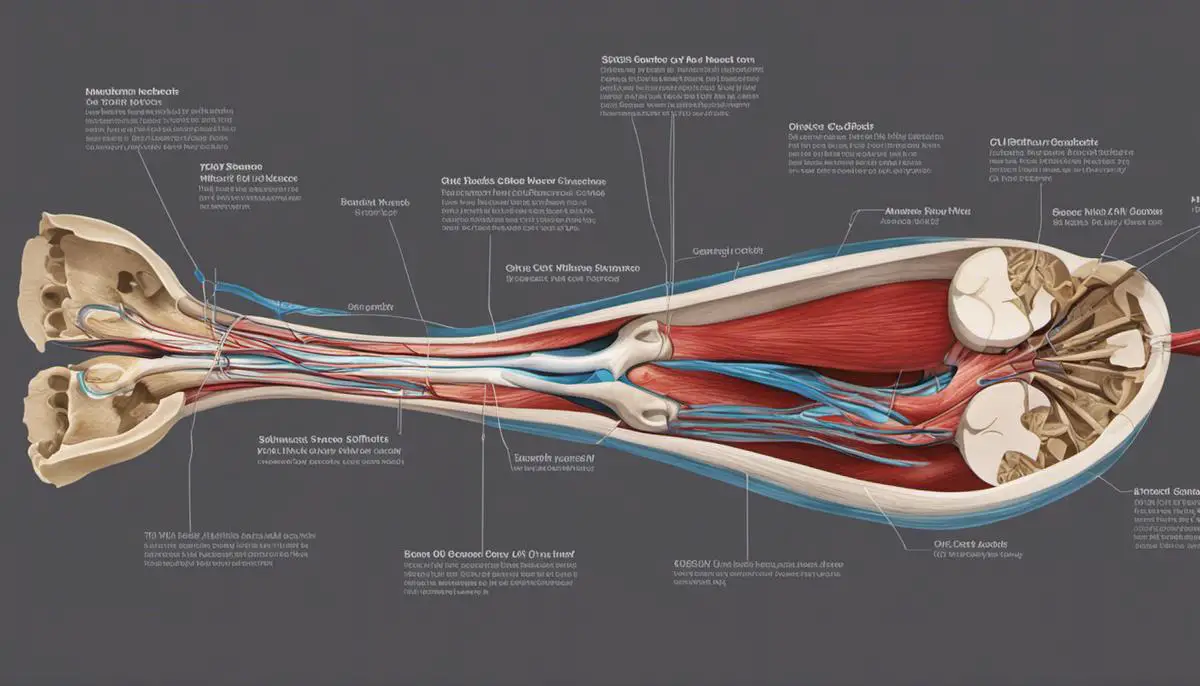 Illustration showing the anatomy of the shin, including bones, muscles, and nerves.