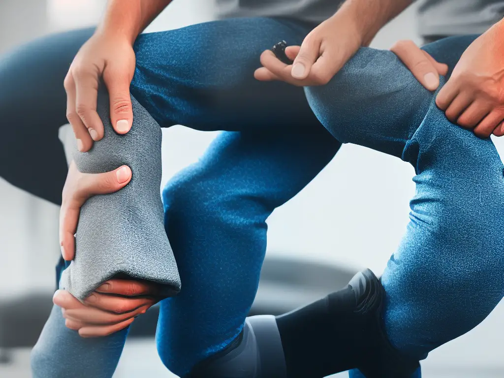 An image of a person with knee pain holding an ice pack on their knee, with leg muscles visible.