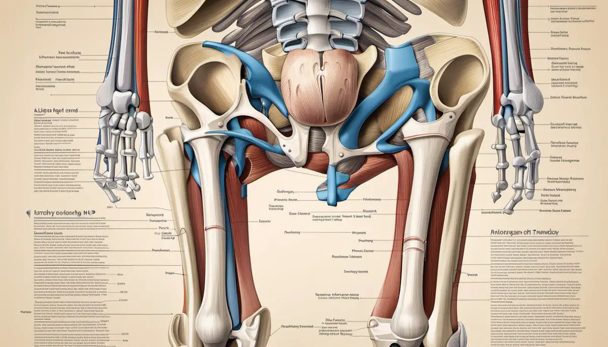 An illustration depicting the anatomy of the knee and hip joints, showing bones, muscles, tendons, and ligaments.