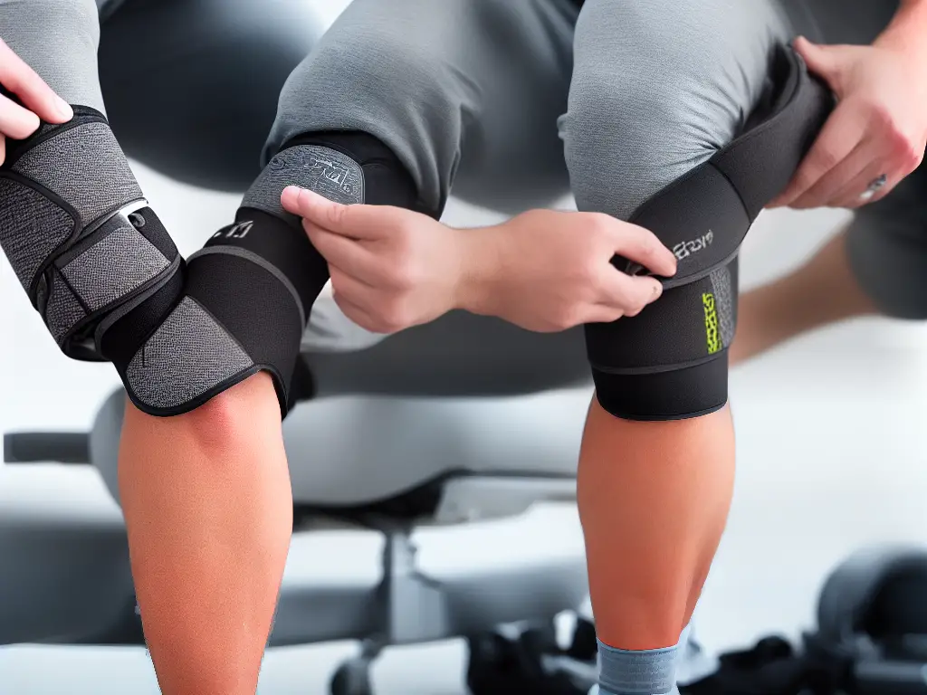 An image of a person inspecting their knee brace for signs of damage, while cleaning it with a cloth.