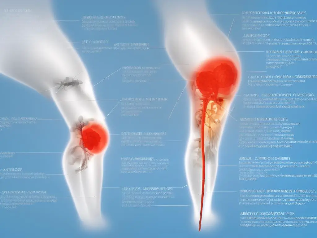 A diagram showing different knee conditions, such as arthritis, tendonitis, Baker's cyst, cartilage damage, and knee sprains, displayed around a knee joint.