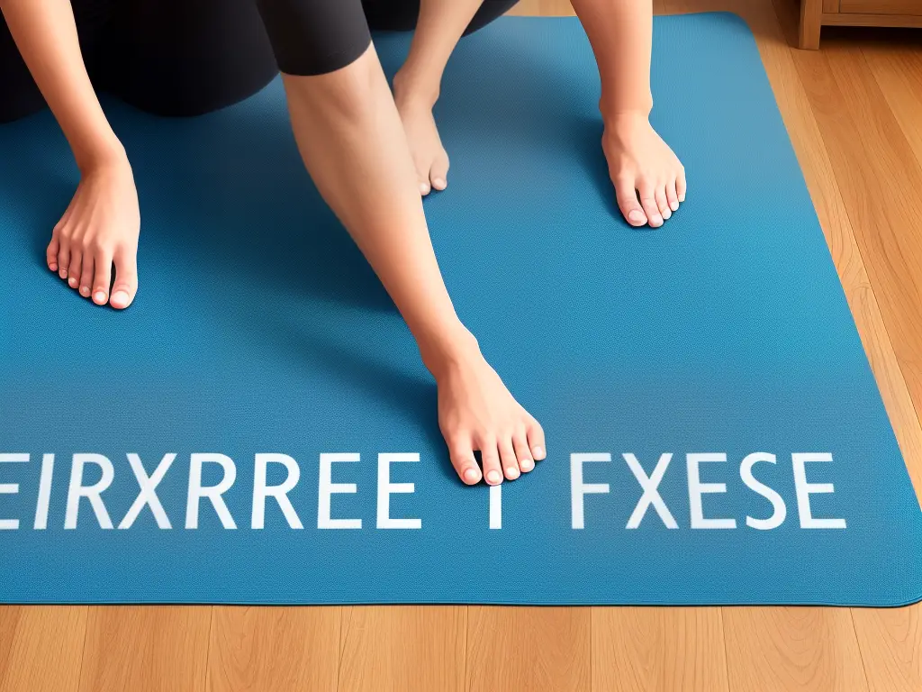 A person stretching their leg on a yoga mat with the word 'Exercise' written on it