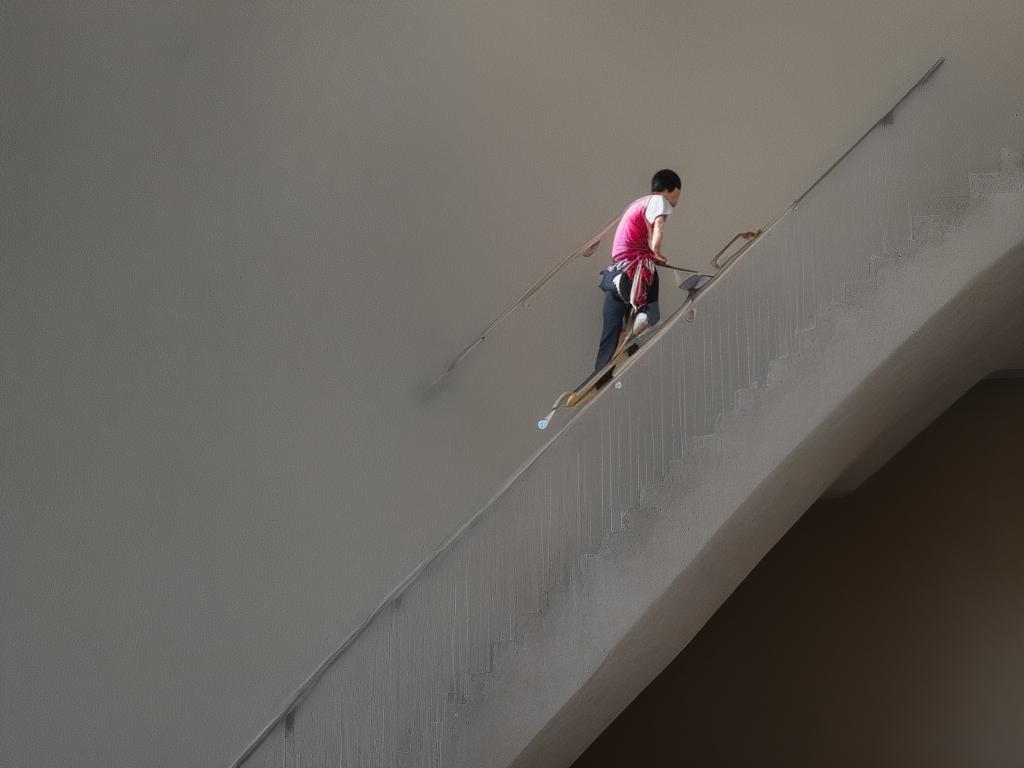 A person using a handrail to climb stairs in a way that is gentle on the knees.