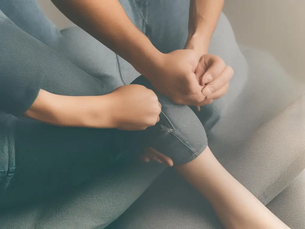 A person holding their knee with one hand as if it hurts while sitting down