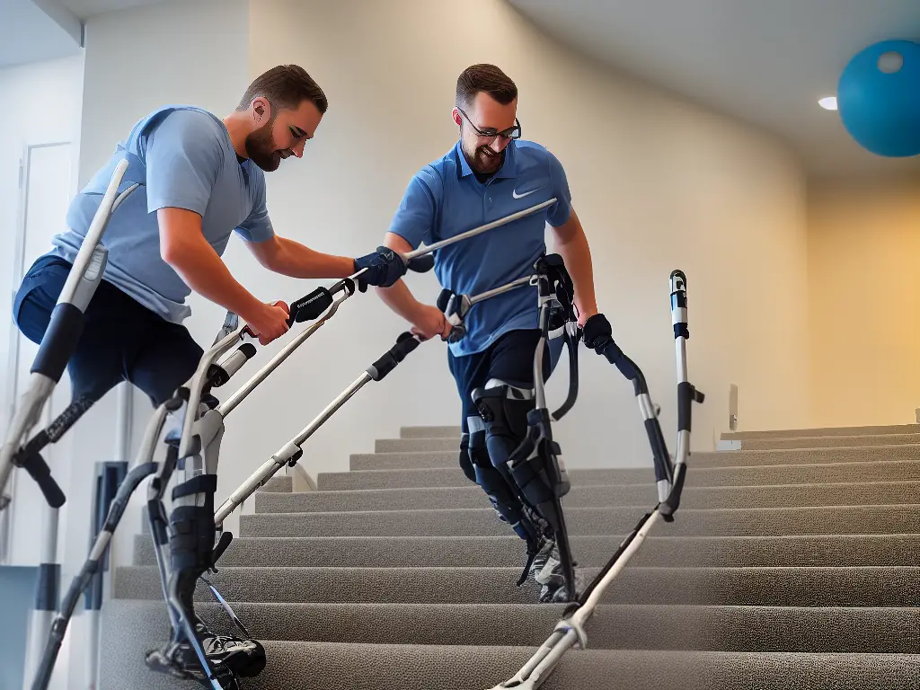 Image of a person wearing a knee brace while using crutches to climb stairs during physical therapy.