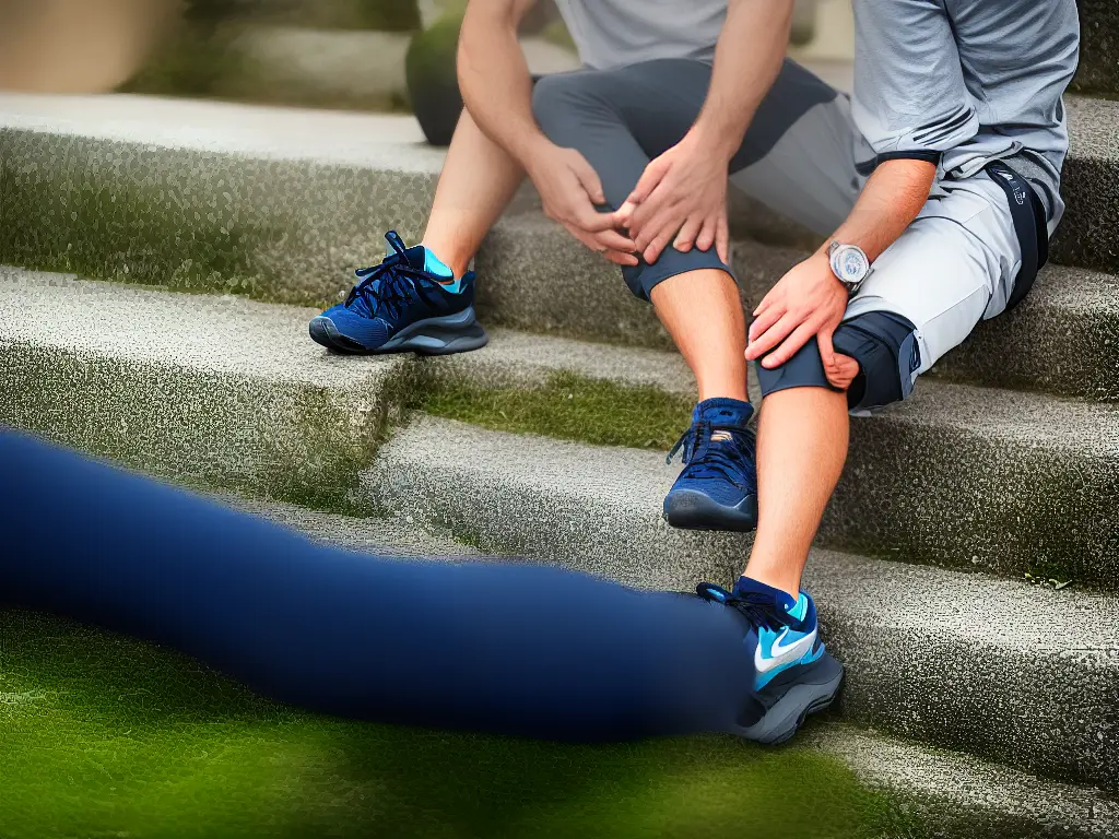 An image of a person holding their knee with stairs in the background to represent knee pain when climbing stairs.