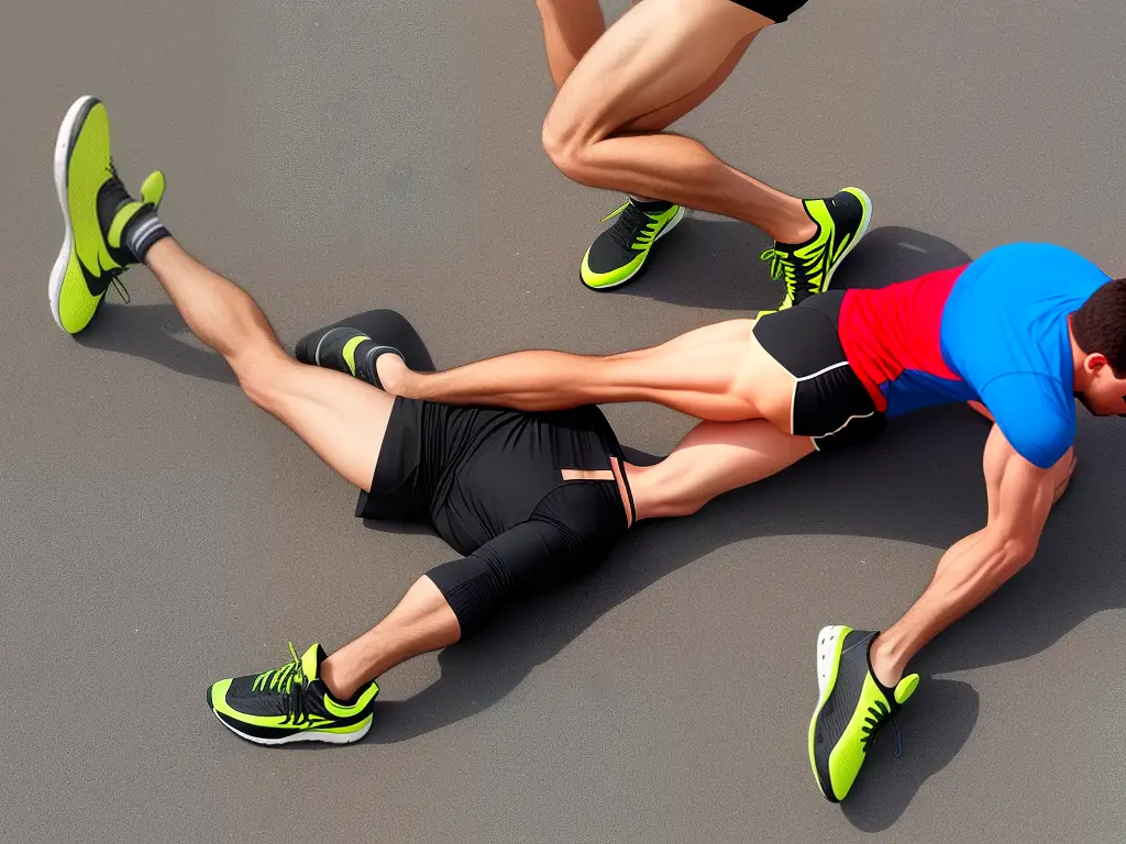 An illustration of a runner stretching their quadriceps muscle as well as their calf muscles. The runner is standing on one leg, bringing their heel back to their buttocks with their hand while maintaining balance.