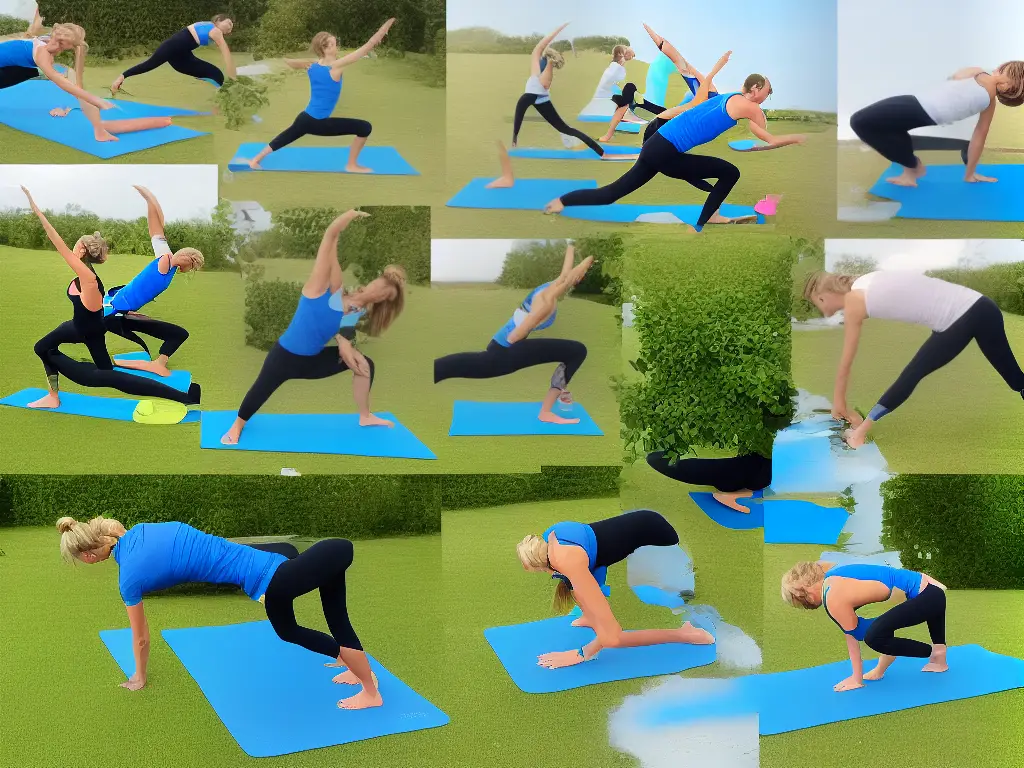 Illustration of exercises for knee pain management, including stretching and strengthening exercises for the knees and legs. The image shows different yoga poses, cycling, and water aerobics exercises.