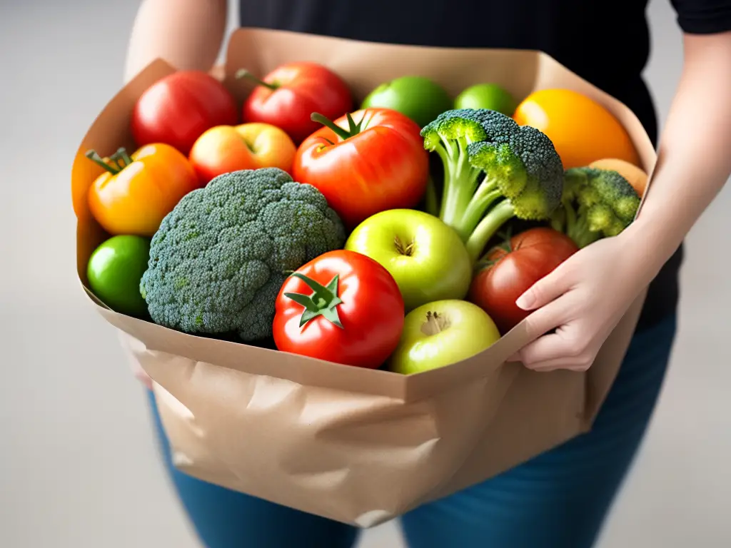 An image of a person holding a grocery bag full of vegetables like tomatoes, broccoli, onion, and some fruits like apple, peach and a few packets of protein supplements powders.