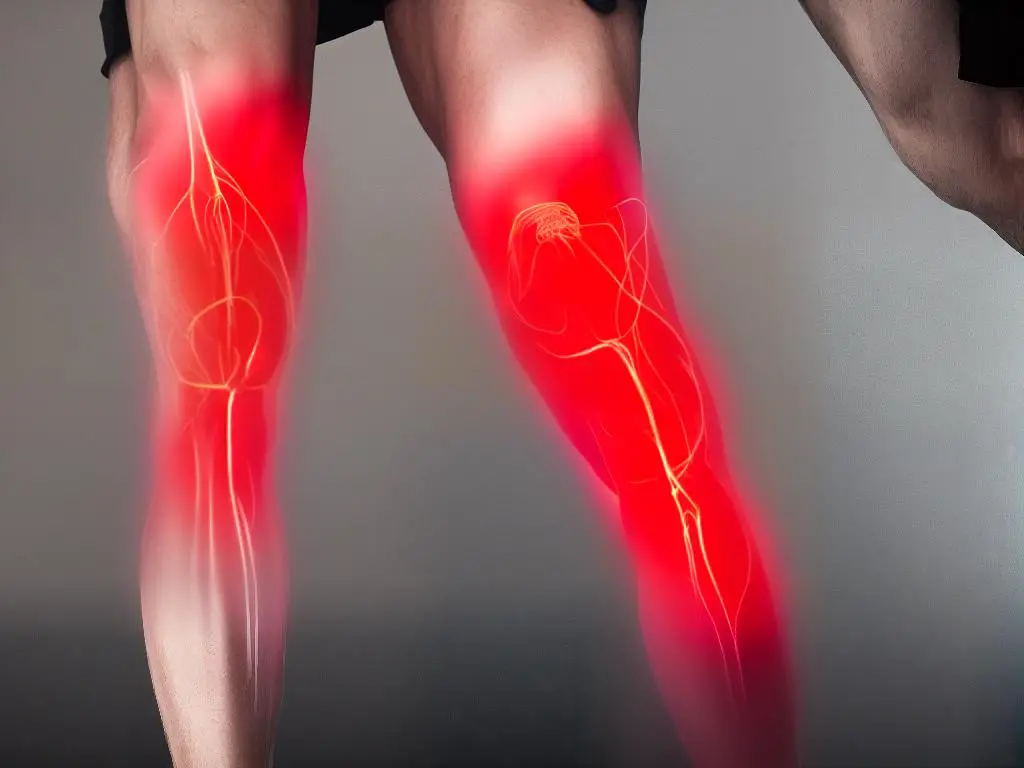 An illustration of a human knee with red color indicating the inflamed area around the knee.