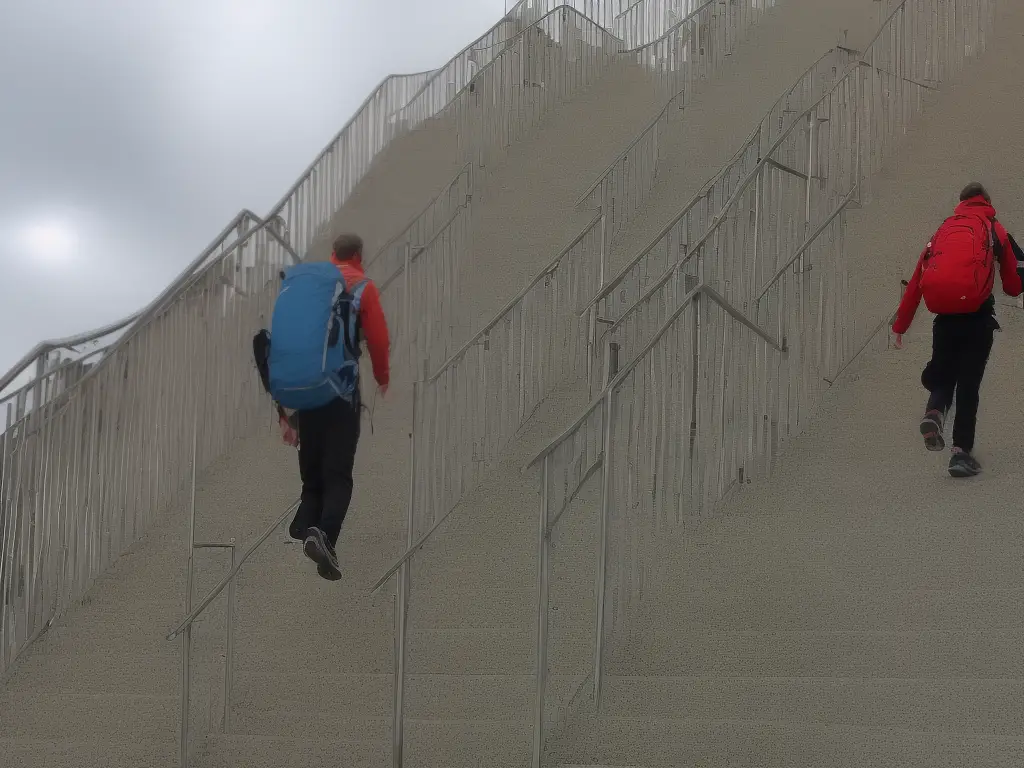 An image of a person ascending stairs while maintaining good body posture and wearing appropriate footwear