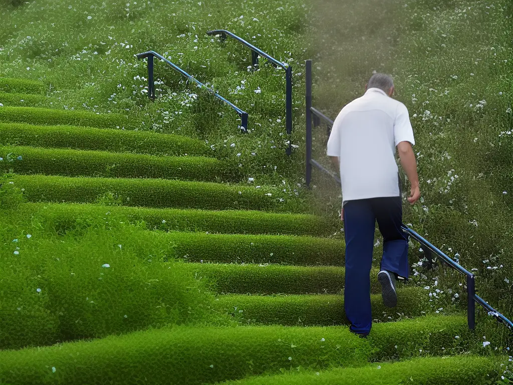 Image of a person using stairs with a green checkmark to indicate pain relief.