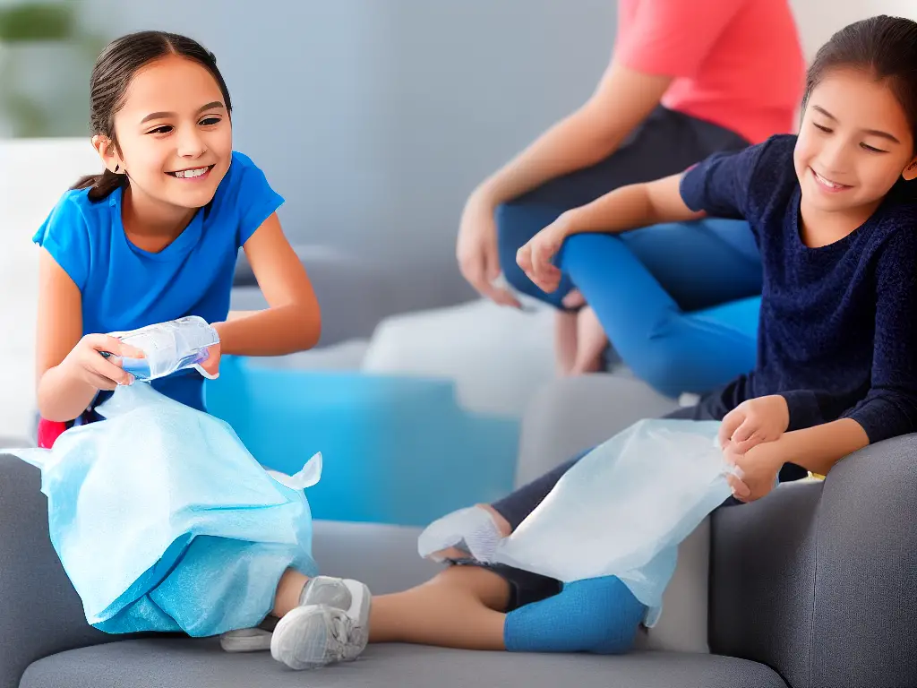 A 10-year-old girl sitting on a chair with an ice pack on her knee