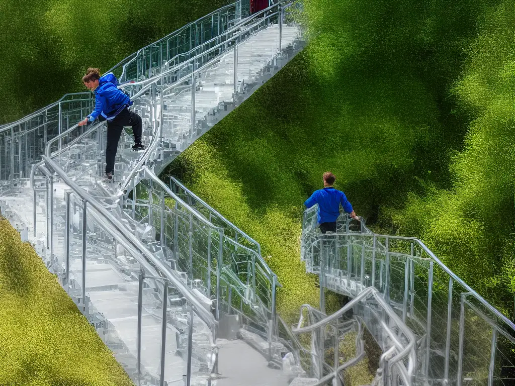 An image of a person holding on to handrails to go up the stairs with ease.