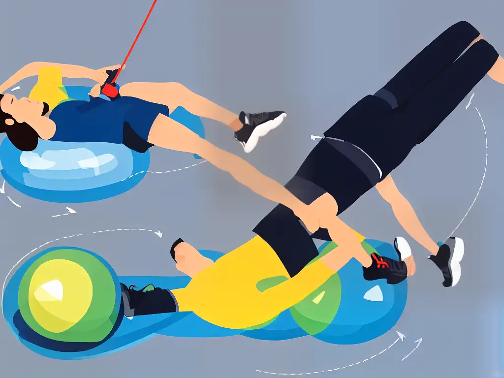 A cartoon illustration of a person doing knee-strengthening exercises with their legs bent at a 90-degree angle while lying on their back. Their feet are resting on a large inflatable ball, and they are holding onto a resistance band attached to the ball.