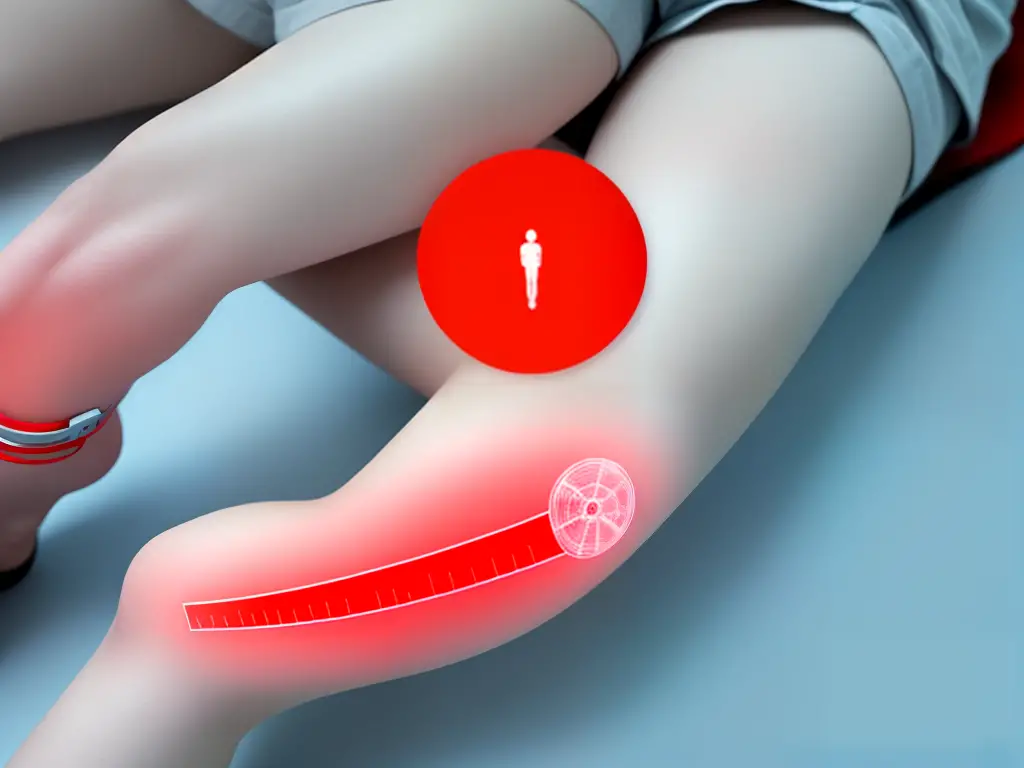An illustration of a knee joint with a red circle indicating the area of pain. Above is an image of a person on a scale with the word 'overweight'