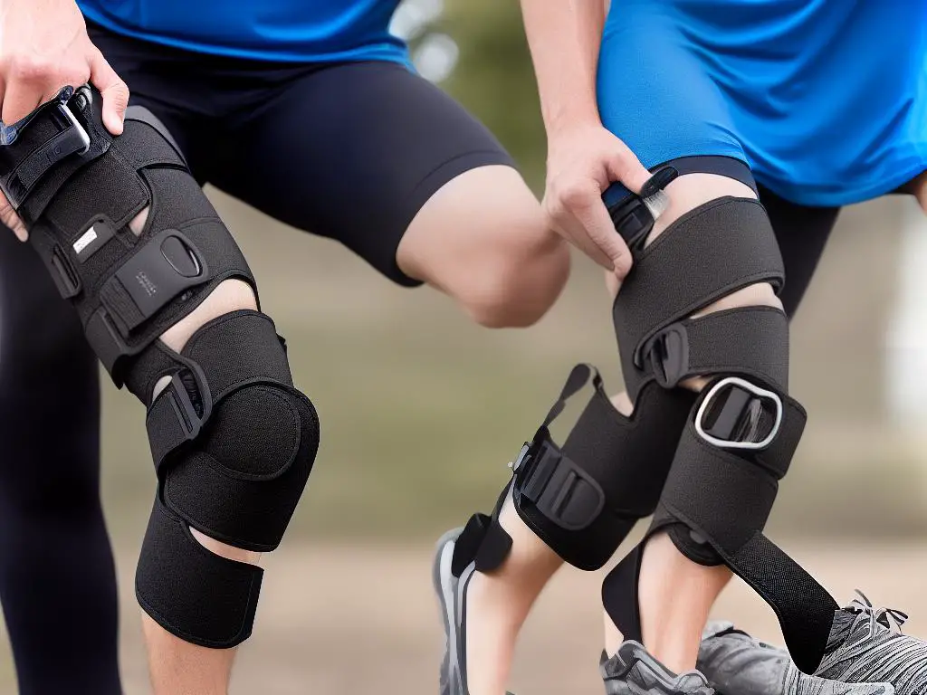 A picture of a knee brace that wraps around the knee and has hinges on the sides to provide support and stability for people with arthritis.