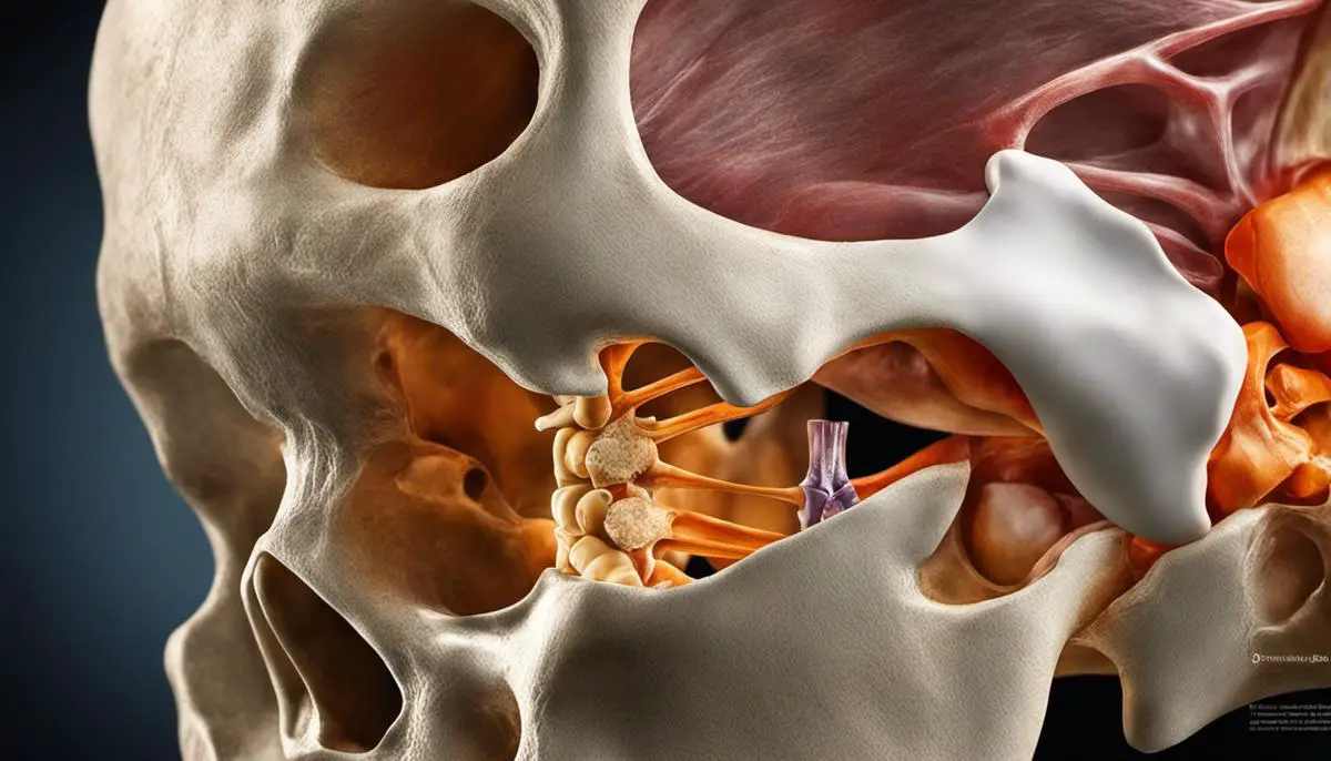 Illustration showing a joint affected by osteoarthritis, with damaged cartilage and bone spurs.