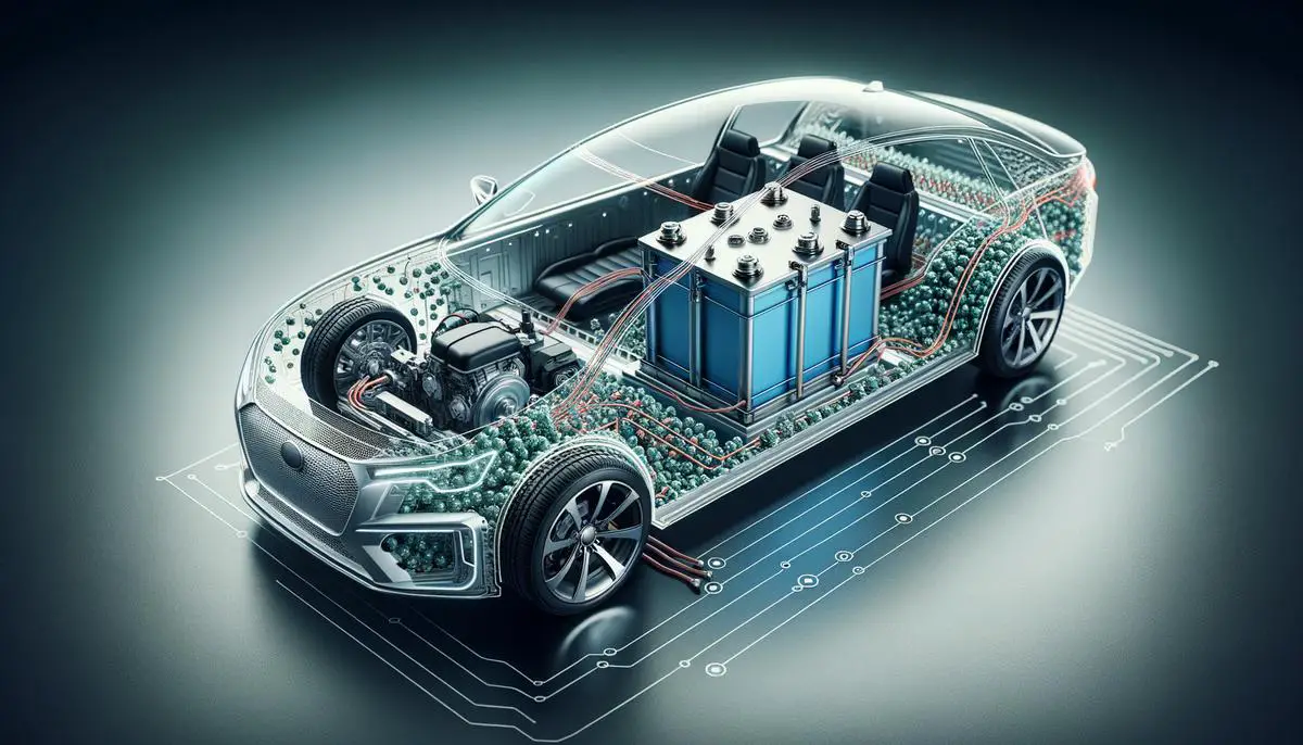 A realistic image showing a sodium-ion battery technology in an electric vehicle setting