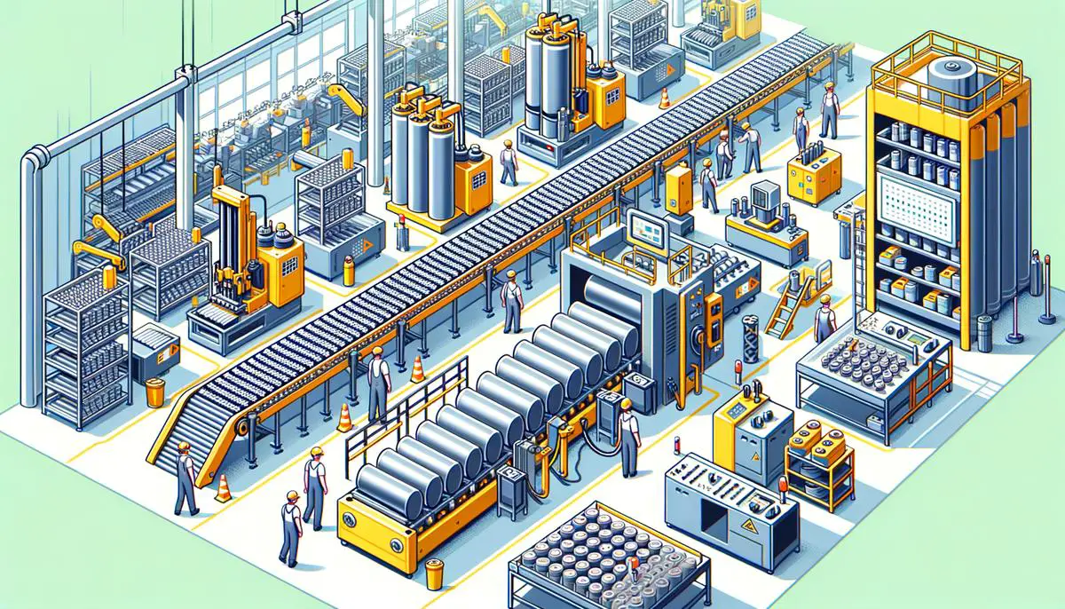 A realistic image showing the production process of sodium-ion batteries in a manufacturing facility