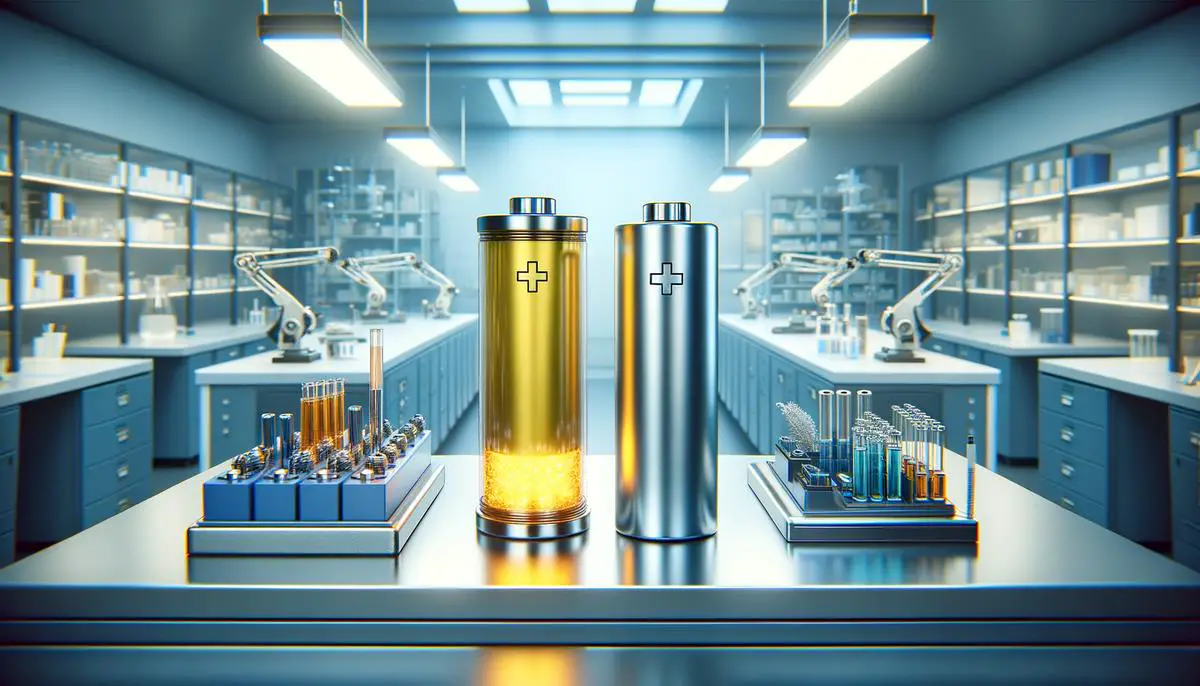 A realistic image showing sodium-ion batteries and lithium-ion batteries side by side in a laboratory setting