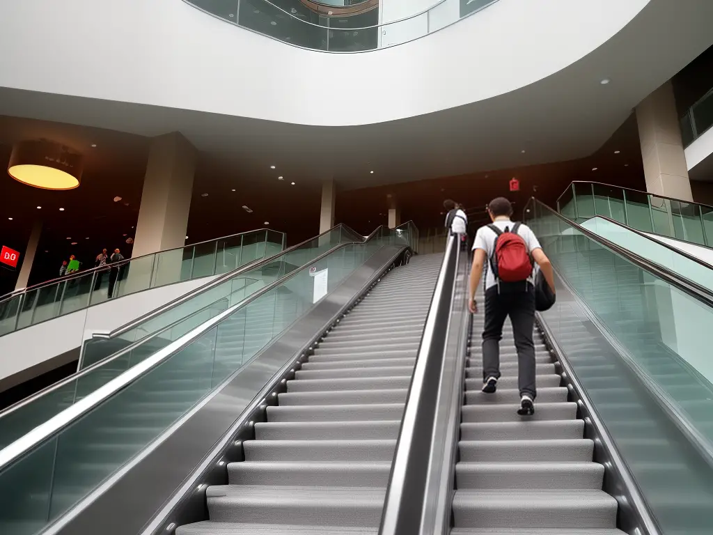 An image of a person going up an escalator instead of stairs with a sign showing accessibility options.
