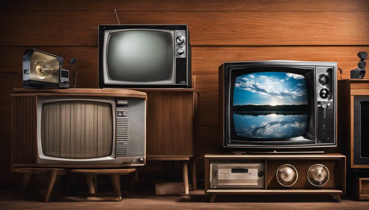 An image showing the evolution of television, starting from the mechanical scanning disk to the modern electronic television.
